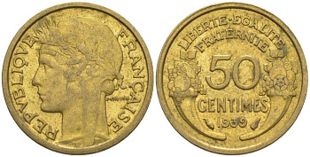 ФРАНЦИЯ 50 САНТИМОВ 1939 ТИП MORLON KM 894.1, LE FRANC 192.15 алюминиевая бронза 44-859