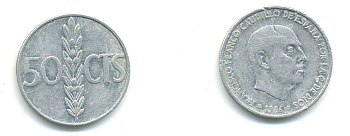 ИСПАНИЯ 50 СЕНТИМО 1966 (71) ФРАНСИСКО ФРАНКО ДИКТАТОР ИСПАНИИ (1939-1975) KM 795 алюминий 76-1017