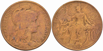 ФРАНЦИЯ 10 САНТИМОВ 1907 ТИП ДАНИЭЛЬ ДЮПЮИ KM 843, LA FRANC 136.17 бронза 109-233