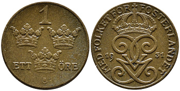 Швеция 1 эре 1931 Густав V (1907-1950) KM 777.2 бронза 4387-1169