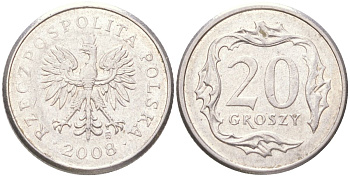Польша 20 грошей 2008 Y 280 медно-никель UNC 4614-332