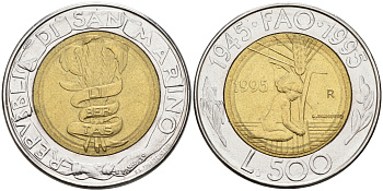 Сан-Марино 500 лир 1995 FAO, 50 лет организации KM 330 биметалл UNC 4566-442