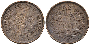 Нидерланды 1/2 цента 1928 Вильгельмина (1890-1948) KM 138 бронза 4576-457