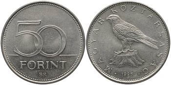 ВЕНГРИЯ 50 ФОРИНТОВ 1995 ПТИЧКА KM 697 латунь плакированная медно-никелем UNC 181-751