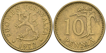 ФИНЛЯНДИЯ 10 ПЕННИ 1972 S KM 46 алюминиевая бронза 192-1036
