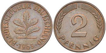 ФРГ 2 ПФЕННИГА 1965 G KM 106, J. 381 бронза 4181-743