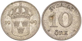 Швеция 10 эре 1909 Густав V (1907-1950) KM 780 серебро 187-256