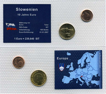 Словения набор из 2 монет 2000-2007 запайка в целлофан, 1 толар 200 рыбы, 1 евроцент 2007 UNC 2-6-3-25