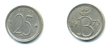 БЕЛЬГИЯ 25 САНТИМОВ 1973 BELGIE KM 154.1 медно-никель 86-1311