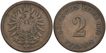 Германия 2 пфеннига 1875 J, старогербовка KM 2, J. 2 медь 4575-654