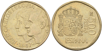 Испания 500 песет 1987 Хуан Карлос I (1975-2001) и София KM 831 алюминиевая бронза 4583-1013