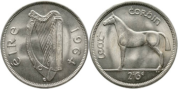 Ирландия 1/2 кроны = 2 шиллинга 6 пенсов 1964 лошадь KM 16а медно-никель 4531-913