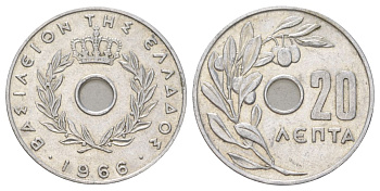 Греция 20 лепт 1966 Константин II (1964-1974), оливковая ветвь KM 79 алюминий 4628-1052