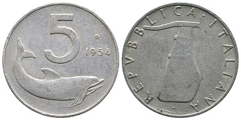 ИТАЛИЯ 5 ЛИР 1954 R, РУЛЬ, ДЕЛЬФИН KM 92 алюминий 83-1827