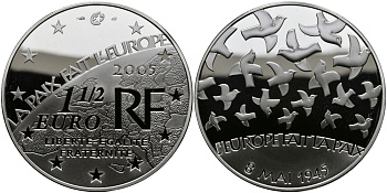 Франция 1 1/2 евро 2005 60 лет мира в Европе, голуби мира КМ 1441 серебро PROOF 1095-3-33