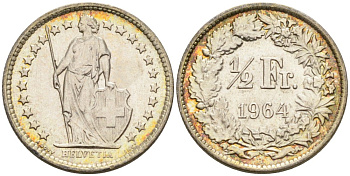 Швейцария 1/2 франка 1964 В KM 23 серебро 4564-538