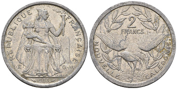 Французская Новая Каледония 2 франка 1983 птица кагу, (IEOM) KM 14, Schoen 11, Lec 63 алюминий    08-934