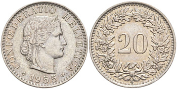 ШВЕЙЦАРИЯ 20 РАППЕНОВ 1955 В KM 29a медно-никель 55-735