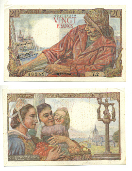 ФРАНЦИЯ 20 ФРАНКОВ 1942 12 ФЕВРАЛЯ 1942 Pick 100a бумага 3295-18-1