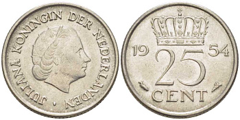 НИДЕРЛАНДЫ 25 ЦЕНТОВ 1954 ЮЛИАНА (1948-1980) KM 183 никель 214-922