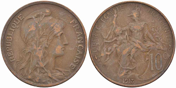 ФРАНЦИЯ 10 САНТИМОВ 1913 ТИП ДАНИЭЛЬ ДЮПЮИ KM 843, LA FRANC 136.23 бронза 109-326