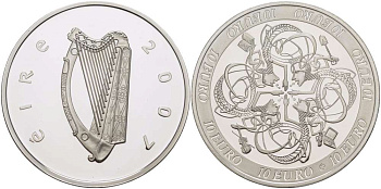 Ирландия 10 евро 2007 влияние Ирландии на европейскую культуру, символы влияния в 4-х областях культуры KM 58 серебро PROOF 02-040-13
