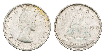 Канада 10 центов 1953 Елизавета II (1952-2022), парусник KM 51 серебро 4639-561