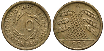 ГЕРМАНИЯ 10 РЕНТЕНПФЕННИГОВ 1923 G, KM 33, J. 309 алюминиевая бронза 413-6034