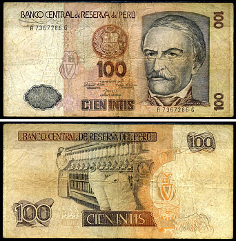 Перу 100 инти 1985 Рамон Кастилья, прядильная машина, 1 марта 1985 Pick 132 a бумага 2192-50-2-2