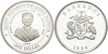 Барбадос 1 доллар 1994 94 года со дня рождения Королевы матери KM 57 серебро PROOF 1066-1-25