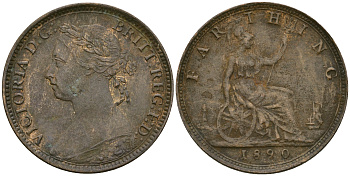 Великобритания 1 фартинг 1890 Виктория (1837-1901) KM 753, Spink 3958 бронза 4364-3661