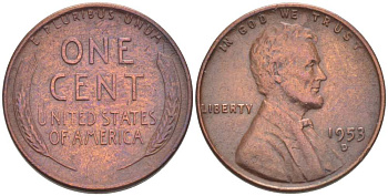 США 1 ЦЕНТ 1953 D, ЛИНКОЛЬН KM A132 медь цинк 211-1267
