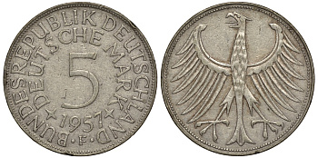 ФРГ 5 марок 1957 F, J. 387, KM 112.1 серебро 603-1241