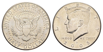 США 1/2 доллара (50 центов) 2005 D, Джон Кеннеди KM A202b медь плакированная медно-никелем aUNC 4517-424