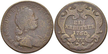 АВСТРИЯ 1 КРЕЙЦЕР 1760 W, ФРАНЦ I (1745-1765) KM 2007 медь 180-531