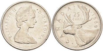 Канада 25 центов 1969 Елизавета II (1952-2022), олень KM 62 b никель 4150-445