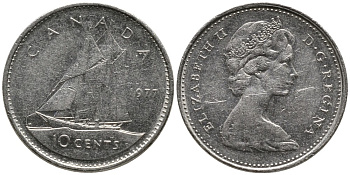 Канада 10 центов 1977 Елизавета II (1952-2022), парусник KM 77.1 никель 4532-822