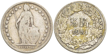 Швейцария 1/2 франка 1921 В KM 23 серебро 4532-1014