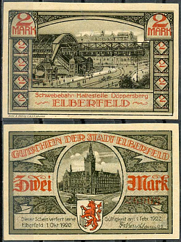 Германия, Эльберфельд 2 марки 1922 нотгельд, городские виды, серая Mehl 324.1 бумага UNC (пресс) 00-00