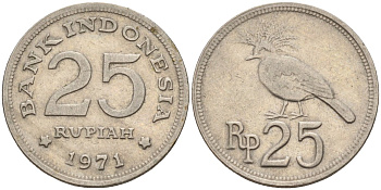 Индонезия 25 рупий 1971 венценосный голубь KM 34 медно-никель 4143-1054