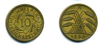 ГЕРМАНИЯ 10 ПФЕННИГОВ 1925 A бронза 46-438
