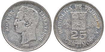 Венесуэла 25 сентимо 1989 Симон Боливар KM 50а сталь плакированная никелем 4594-538