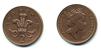 Великобритания 2 пенса 1994 Елизавета II (1952-2022) KM 936а, Spink 4386 (C4) сталь плакированная медью 540-422