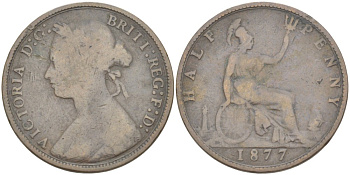 Великобритания 1/2 пенни 1877 Виктория (1837-1901) KM 754, Spink 3956 бронза 4543-1212