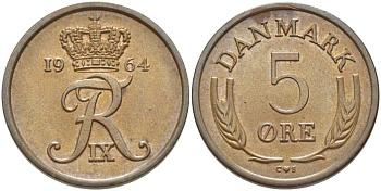ДАНИЯ 5 ЭРЕ 1964 C;S, ФРЕДЕРИК IX (1947-1972) KM 843,2 бронза 202-716