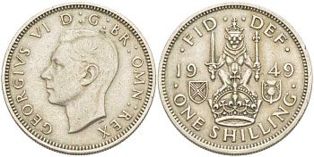Великобритания 1 шиллинг 1949 Георг VI (1936-1952), Шотландский герб KM 877, Spink 4109 медно-никель 61-1214