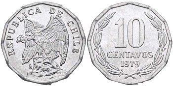 Чили 10 сентаво 1979 KM 205a алюминий 4402-442