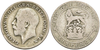 Великобритания 6 пенсов 1922 Георг V (1910-1936) KM 815а.1, Spink 4024 серебро 4585-226