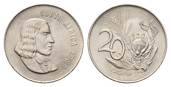 ЮАР 20 центов 1965 Ян ван Рибек (1619-1677), South Africa, легенда на английском, цветок протея KM 69.1 никель UNC 4678-232