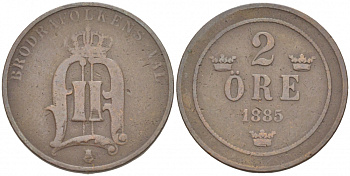 Швеция 2 эре 1885 редкая, Оскар II (1872-1907) король Швеции и Норвегии KM 746 (524) бронза 4402-315